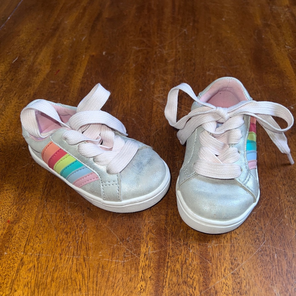 Cat & Jack Silver Metallic Tie Front Sneakers with Rainbow Sides